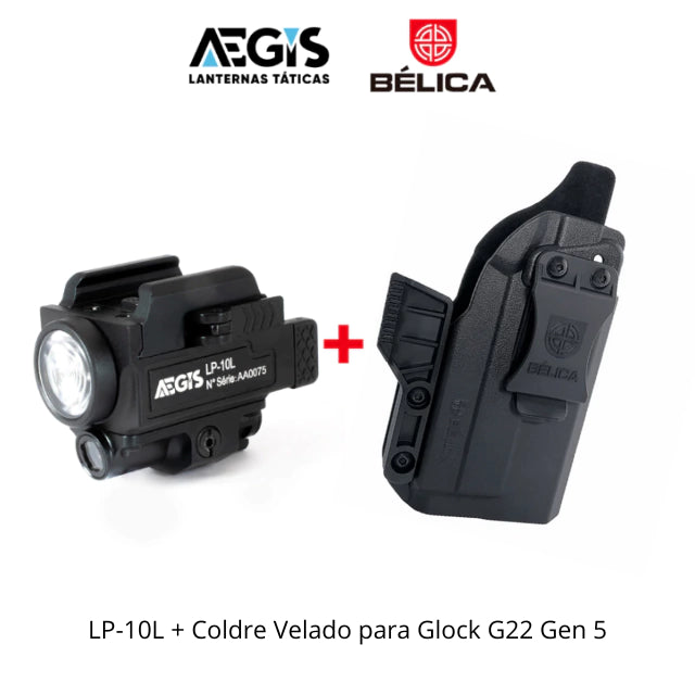Lanterna AEGIS LP-10L + Coldre Velado Para Glock G22 Geração 5 (G-Flash Bélica)